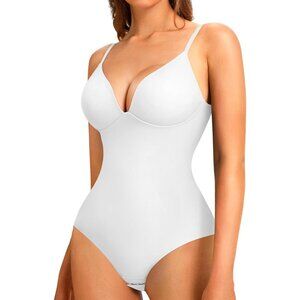 Women White Slimming Body Shaper Deep V-Neck Body Suits with Built in Bra